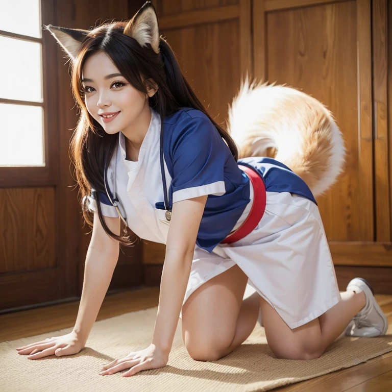 ((highest quality)), ((masterpiece)), (get used to it), perfect face, fox girl, Beautiful woman, public, Beautiful woman, fox cosplay, Tail to ass, she has a fox tail, she has a bushy tail, smile, beautiful hips, get down on all fours, big tail, she is wearing a nurse uniform