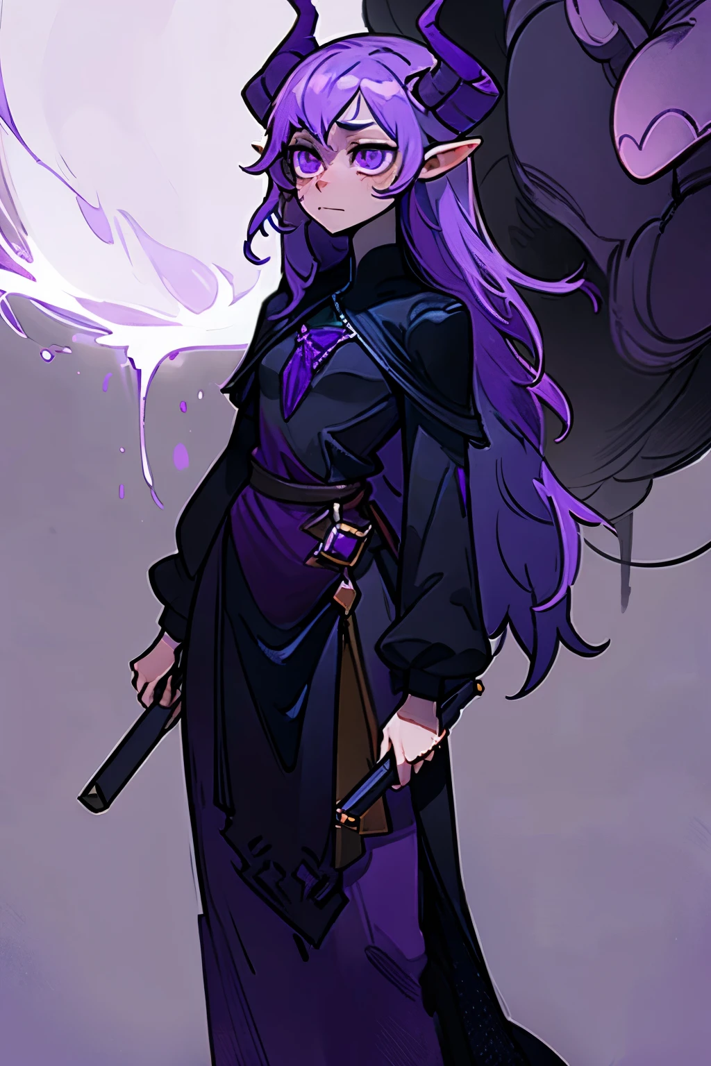 tieflng girl with purple skin, Long purple hair, gray small horns, high, god, in a black tunic, standing straight