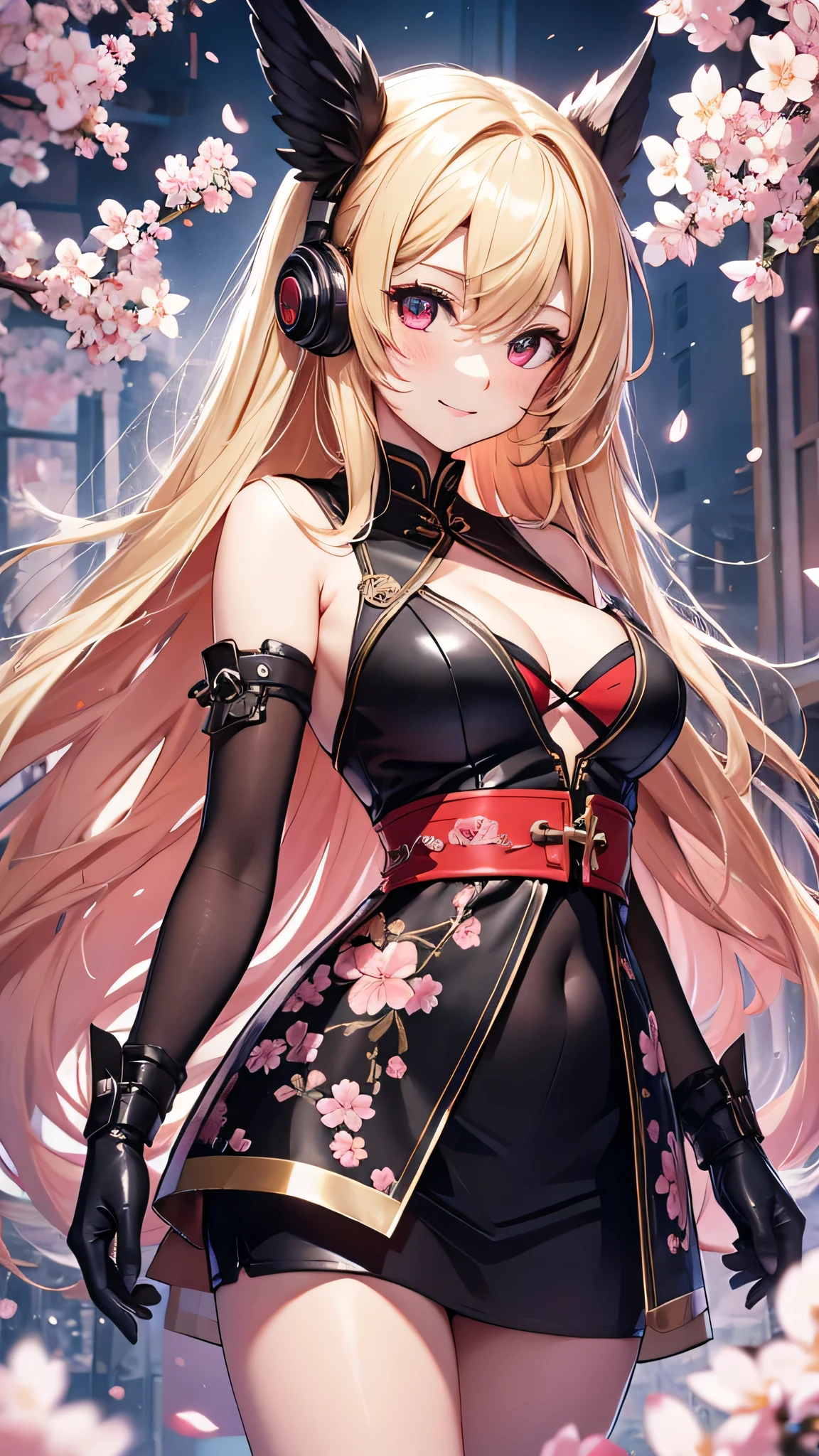 最high quality、best image quality、masterpiece、girl((18-year-old、 By becoming、vest bust、medium bust,wide open breast tea、red glowing eyes, blonde、messy hair、long hair、thin,highest valley、Show the whole body、black cheongsam、open chest、black wristband、red high heels、sexy、smile、)),high quality、beautiful art、background((cyber world、cherry blossoms))、Flight、debris flies、Depth of written boundary、movie、visual art、perfect art、8K,genuine、