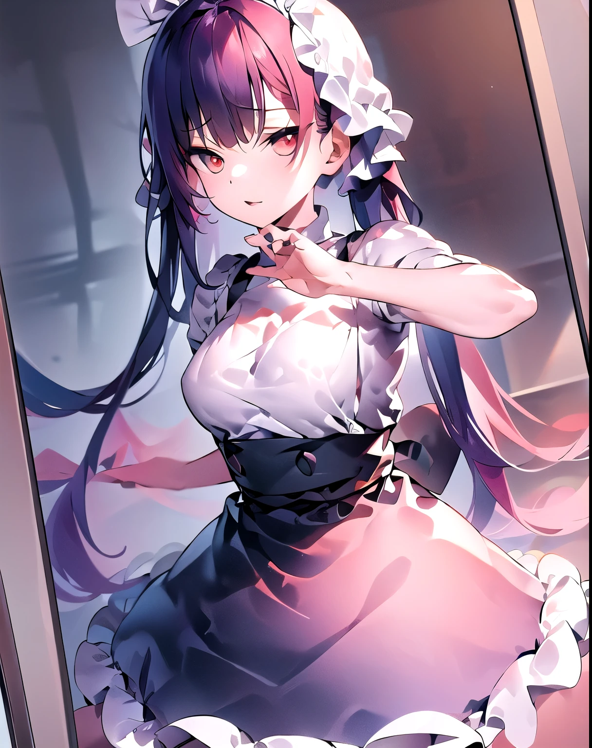 obra de arte, Melhor qualidade, 1 garota, hoshizuki kaede, cabelo roxo, seios, corar, cabelo curto, boca aberta, olhos azuis, coxas, vestir, decote,seios grandes, Manga curta, babados, gargantilha, mangas bufantes, black coxas, apron, puffy Manga curta, zetai ryouiki, punhos de pulso, housekeeper, housekeeper headvestir, avental branco, housekeeper apron