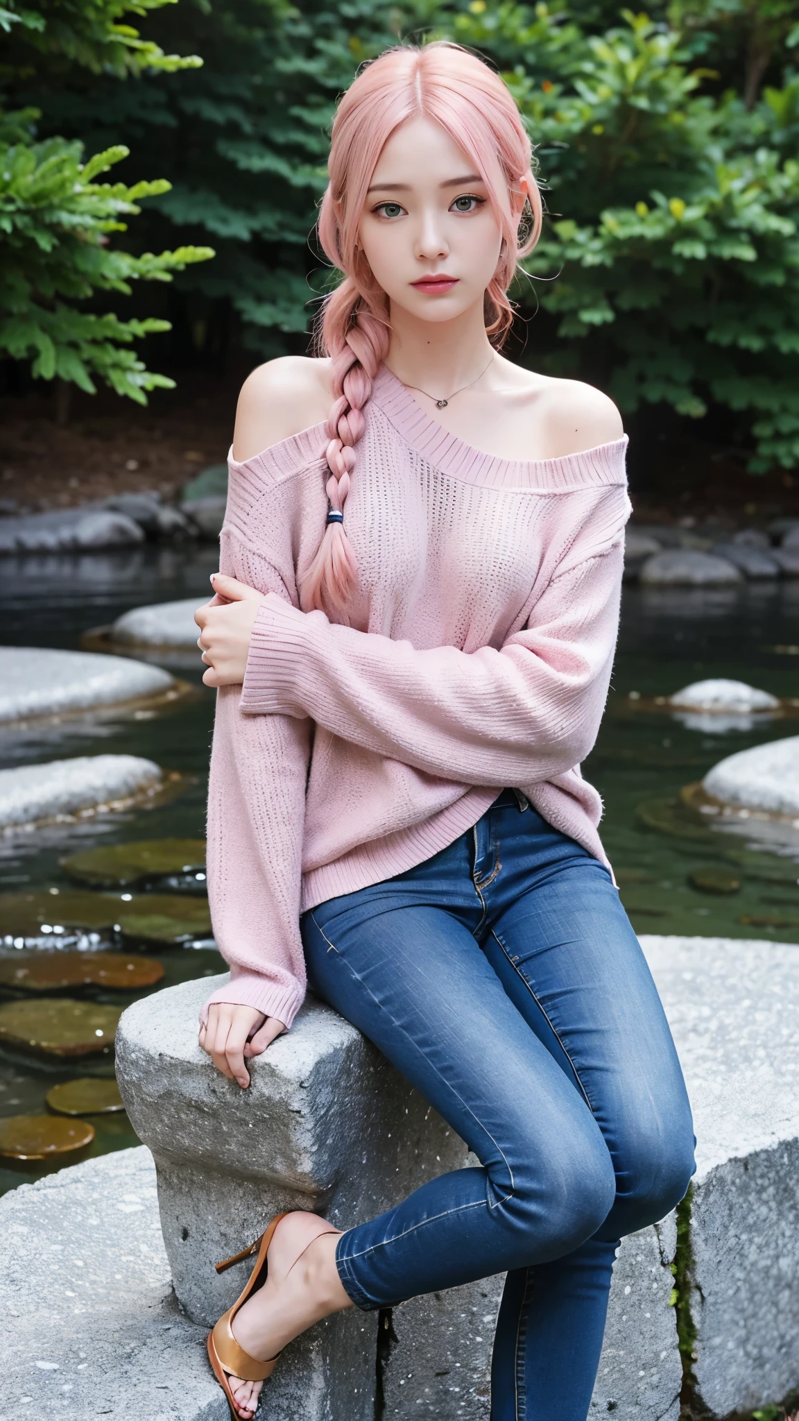 a woman sitting on the ground in a sweater and jeans, a picture inspired by Emma Lampert Cooper, trending on pexels, visual art, infp young woman, flowy hair standing on a rock, casual pose, cute young woman, girl , sitting on the ground, a beautiful young woman, a cute young woman, gorgeous young model,pink hair, braid, hair over shoulder, very long hair, jewelry, snake pupils, purple eyes, rape face, image fill, ccurate, masterpiece, retina, textured skin, super detail, high details, high quality, award winning, best quality, highres, 16k, UHD