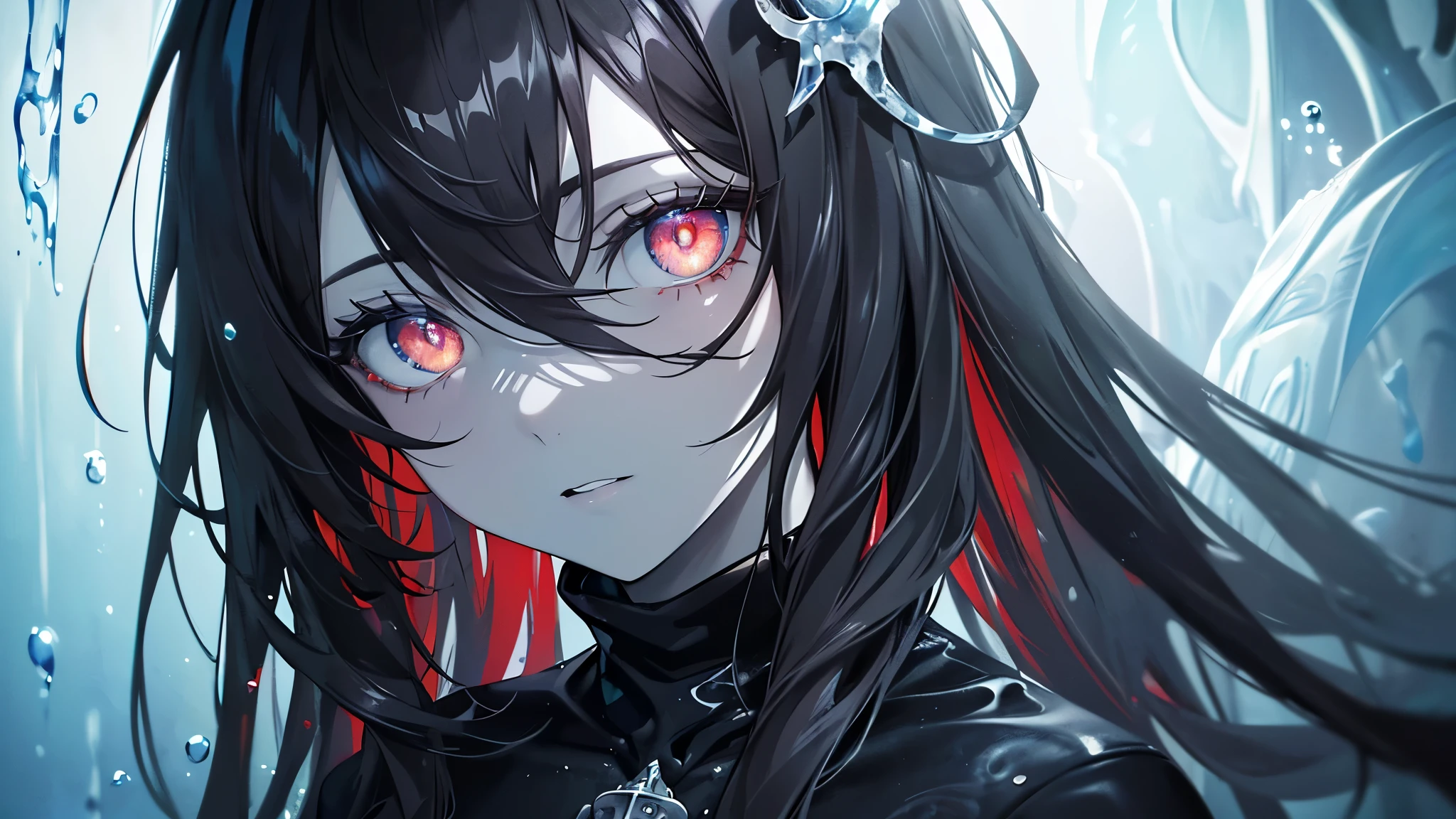 (masterpiece,best quality,ultra-detailed),1girl, black hair,beautiful and detailed face, detailed eyes,looking at viewer, multicolored eyes,((grey theme),pale skin, glowing eyes ,in the sea,((night)),dark ambient,(underwater), ((Fresco,Fresh Painting))