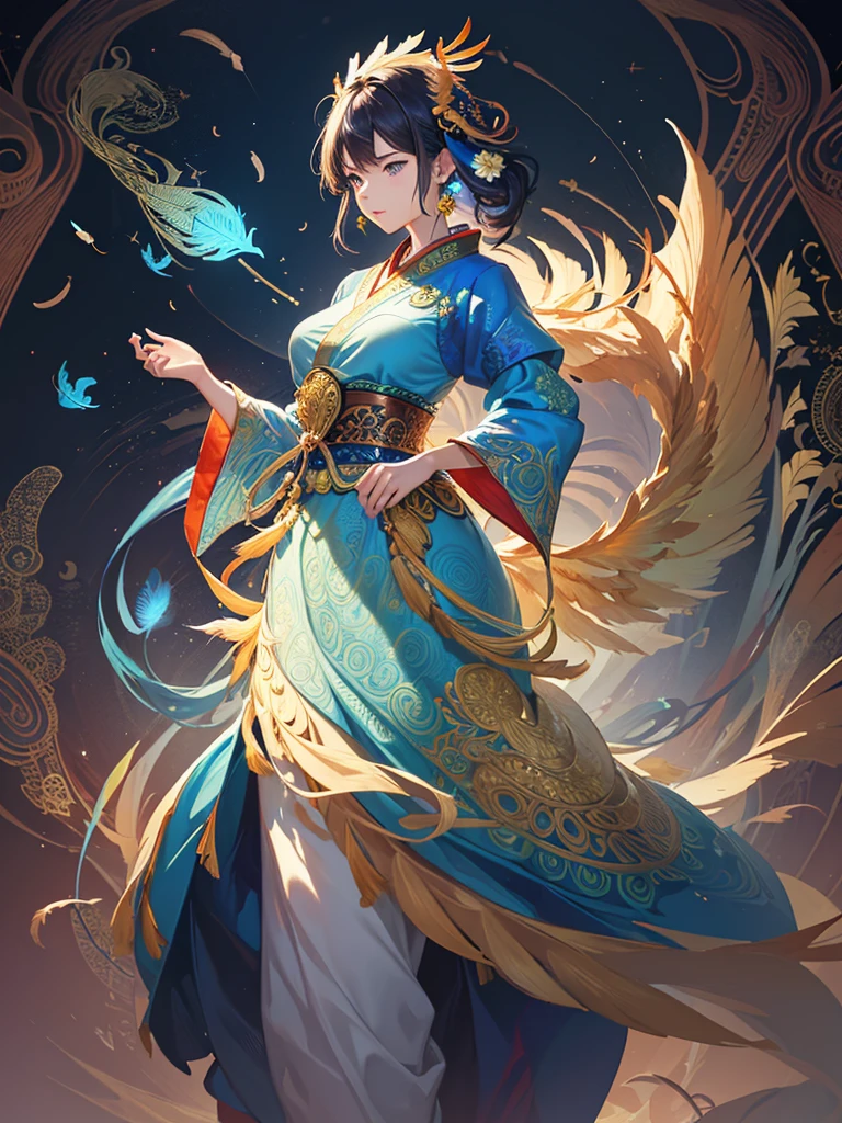 (masterpiece, Top quality, best quality, official art, Beautiful and beautiful: 1.2), (1 girl: 1.3), blue and gold, Very detailed, (fractal art: 1.1), (rich and colorful: 1.1) (flower: 1.3), Extreme details, (Zentangle: 1.4), Long dress sleeves, (abstract background: 1.3), (shiny skin), (Many colors: 1.4), (earrings), (feather: 1.5), (Wind:1.3), emerald, long hair, wrapped in light, Super detailed background, Phoenix礼服, Phoenix, 藍色的flower, Vivid eyes