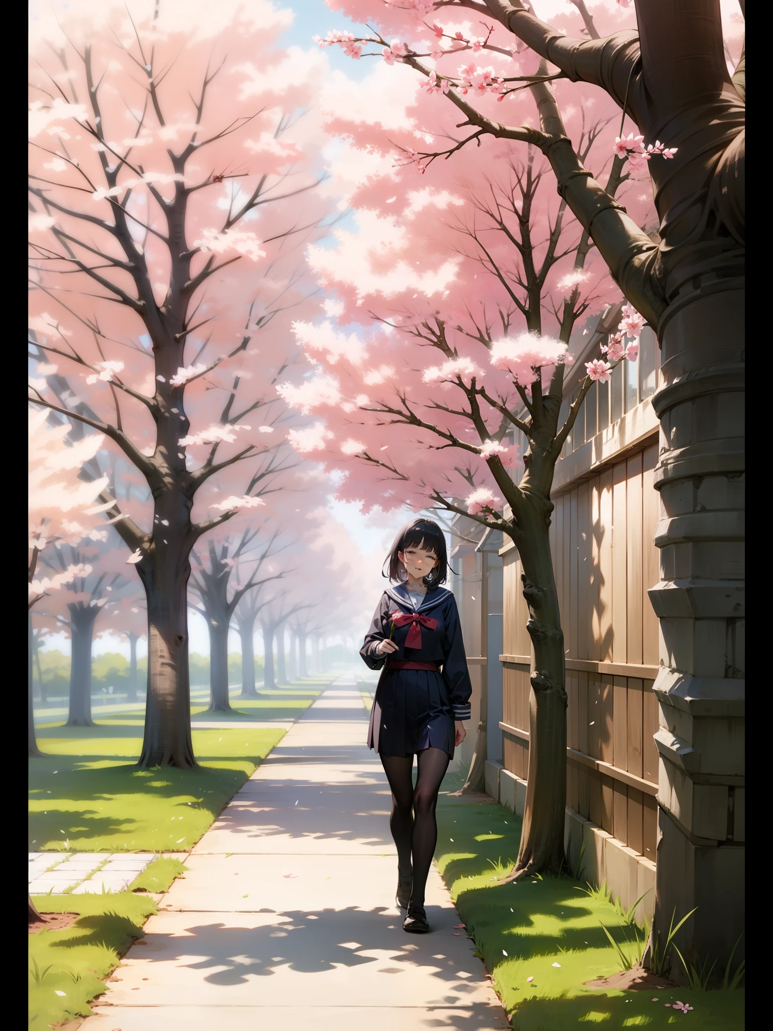 An 18-year-old woman standing under a tree with white flowers, Cherry treeの下で, 背景のCherry tree, sailor suit, 背景のCherry tree, Cherry Blossoms, Cherry Blossom rain everywhere, Cherry Blossoms in the wind, Cherry tree, huge flower, Cherry Blossom trees, Dynamic lighting during cherry blossom season, Cherry Blossom, Cherry Blossom tree, たくさんのCherry Blossom, 巨大なCherry tree, Entrance ceremony