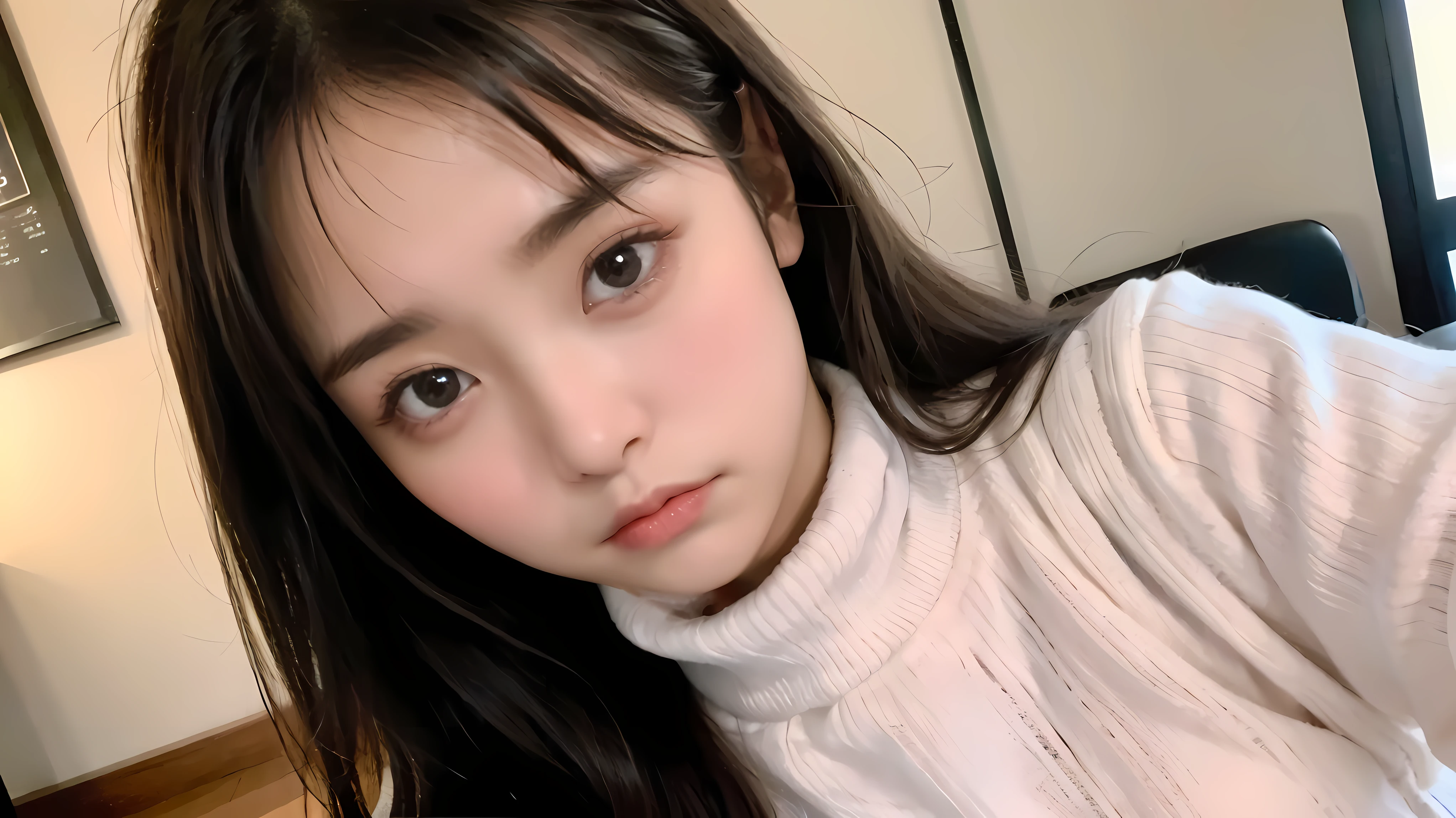 Random pose、top quality、ultra high resolution、(Realism:1.5)、1 girl、sweater、(long hair:1.2)、(Big breasts:1.2)、hostel、looking at the audience、close up、Whole BodyEsbian、nasty eyes、embarrassed face