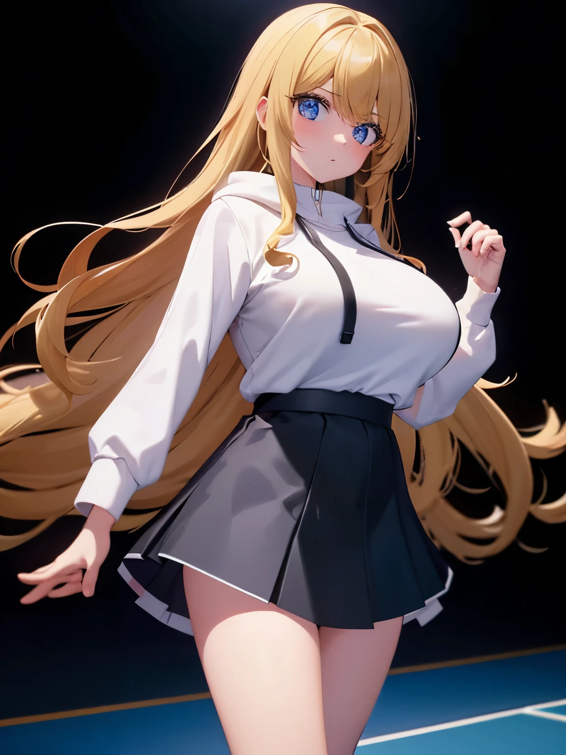 A young loli girl,Need,tmasterpiece,coiffed blonde hair,Turquoise eyes,Look sideways at the camera,Manteau blanc,Gaze at the stars,The upper part of the body,Hairline,Fair skin,Long twisted braids hang diagonally in front of the shoulders,Wear a summer sweatshirt,Stand on the runway,Hands hidden behind your back,A clear abdominal line is exposed around the waist,There are six-pack abs,Slim figure,ssmile,smallunderboob,A shy look