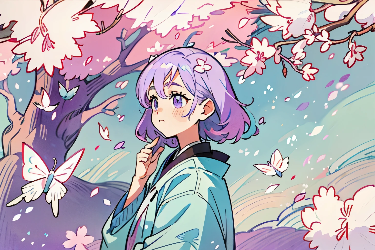 girl、Light blue and purple gradation cherry blossoms、beautiful pattern