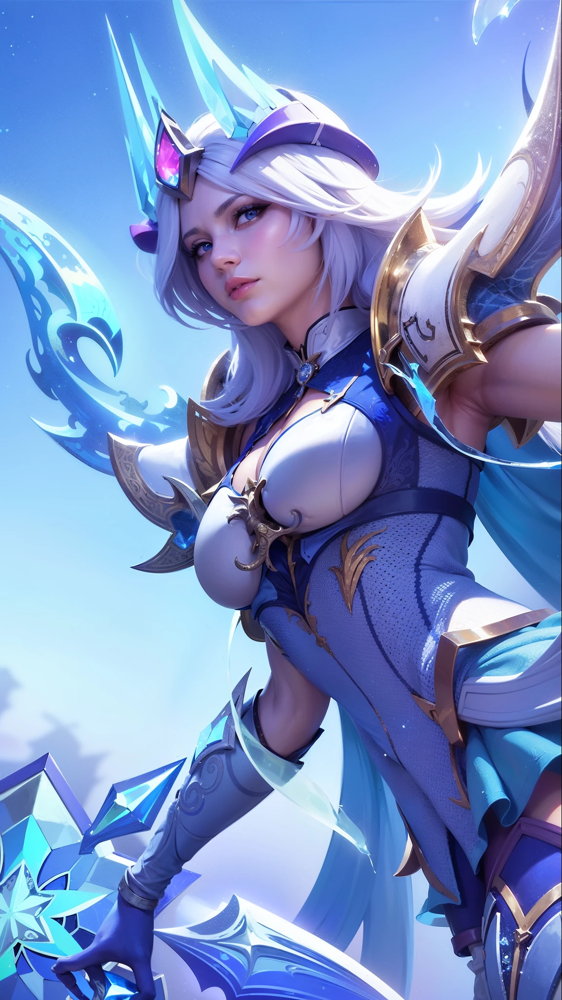 a woman in a blue outfit holding a sword and a sword, ashe, queen of ice and storm, ice sorceress, freezing blue skin, irelia, jaina proudmoore, extremely detailed artgerm, ig model | artgerm, seraphine ahri kda, mobile legends, crystalline skin, ice mage, splash art, 8k, ultra hd, ultra detailed texture, hyper realistic, masterpiece, detailed texture, detailed face, detailed skin, detailed lighting, (photorealistic:1.5), best quality, beautiful lighting, cinematic lighting, professional lighting, ultra highres, realistic, detailed hair, real hair, high quality, (realskin:1.5), extremely detailed, finely detail, ultra-detailed, glare, blue eyes