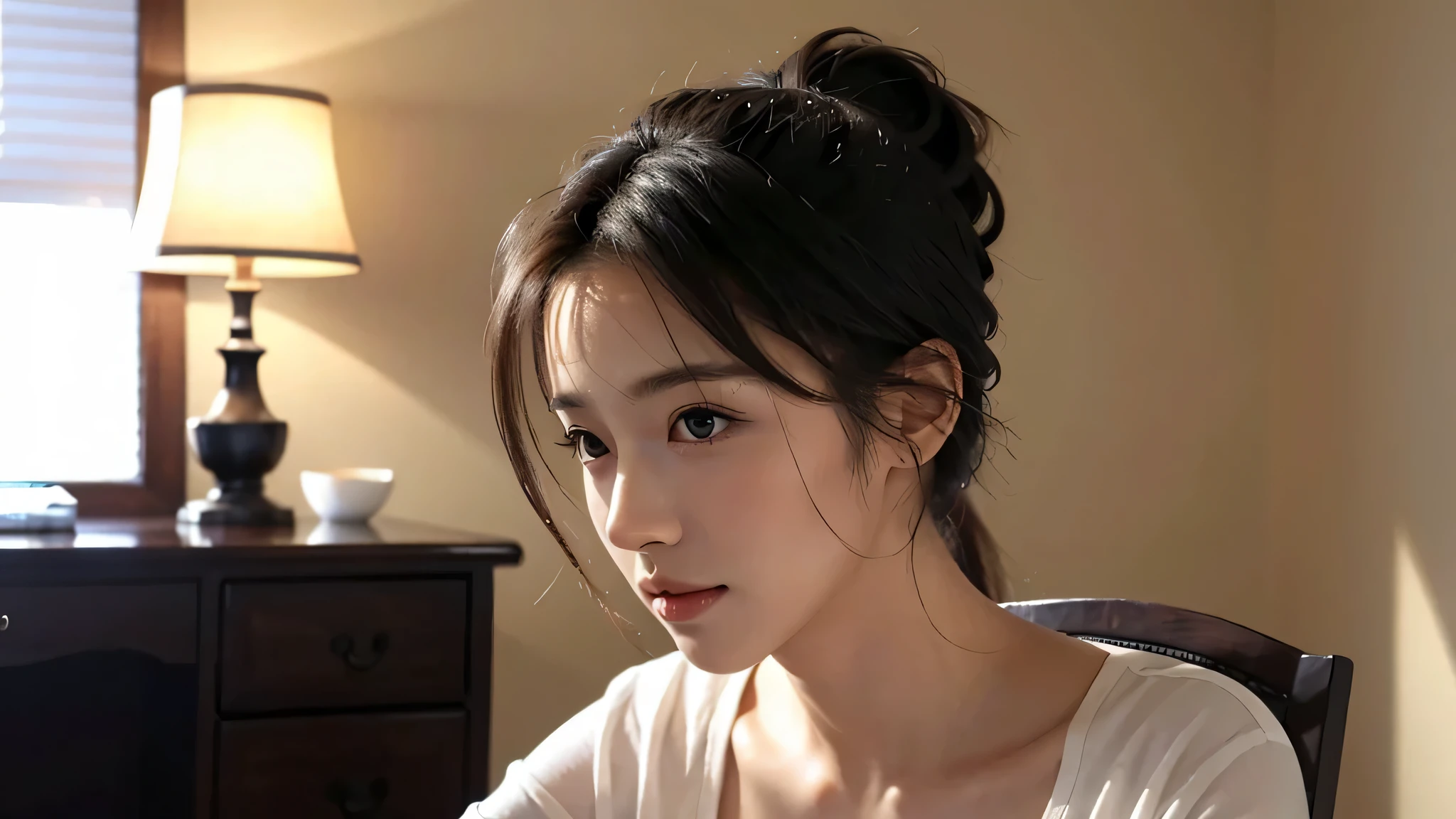 Onry One woman,Room at home, studying at a desk, sitting chair, writing in a notebook,fully body photo,masutepiece, The highest image quality, High quality, the background is clear,Beautiful woman, Japanese, Detailed, Detailed eyes, Detailed skin, Beautiful skin, 超hight resolution, (reality: 1.4),Very beautiful woman, Slightly younger face, Beautiful skin, slender, (Ultra photo realsisim), (hight resolution), (8K), (Very detailed) (beautifully detailed eyes), (super detailed), (Detailed face), view the viewer, Fine details, Detailed face, Staring straight ahead, Staring straight ahead, photos realistic, Bright lighting, Professional Lighting, Black hair,poneyTail,a baby face,sixteen years old,Hairstyle is ponytail,long ponytail hairstyle,slight smile,