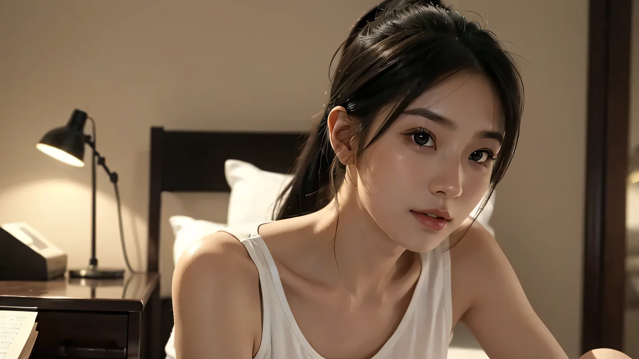 Onry One woman,Room at home, studying at a desk, sitting chair, writing in a notebook,fully body photo,masutepiece, The highest image quality, High quality, the background is clear,Beautiful woman, Japanese, Detailed, Detailed eyes, Detailed skin, Beautiful skin, 超hight resolution, (reality: 1.4),Very beautiful woman, Slightly younger face, Beautiful skin, slender, (Ultra photo realsisim), (hight resolution), (8K), (Very detailed) (beautifully detailed eyes), (super detailed), (Detailed face), view the viewer, Fine details, Detailed face, Staring straight ahead, Staring straight ahead, photos realistic, Bright lighting, Professional Lighting, Black hair,poneyTail,a baby face,sixteen years old,Hairstyle is ponytail,long ponytail hairstyle,slight smile,