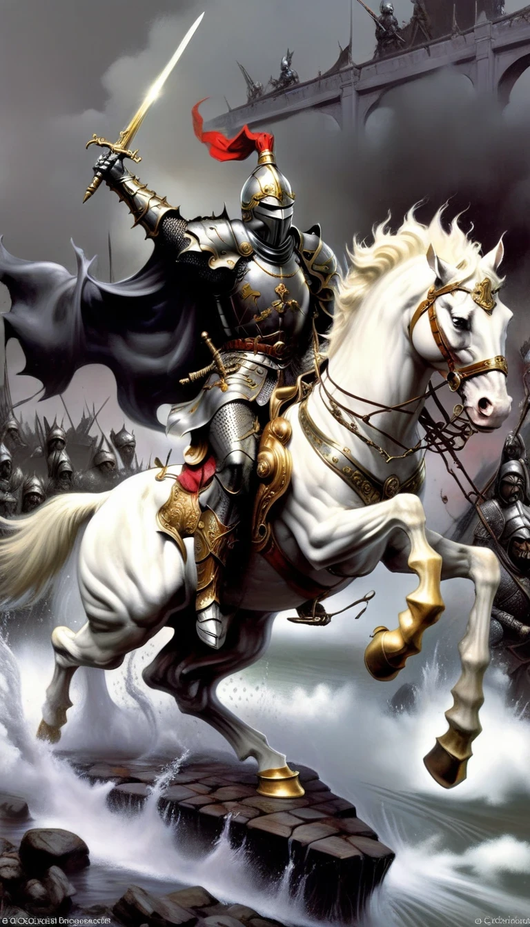 （role conception），Cat Knight，（Anthropomorphic black cat knight riding a white horse fighting the enemy），background：battlefield，River of blood，It was raining heavily，sludgy，