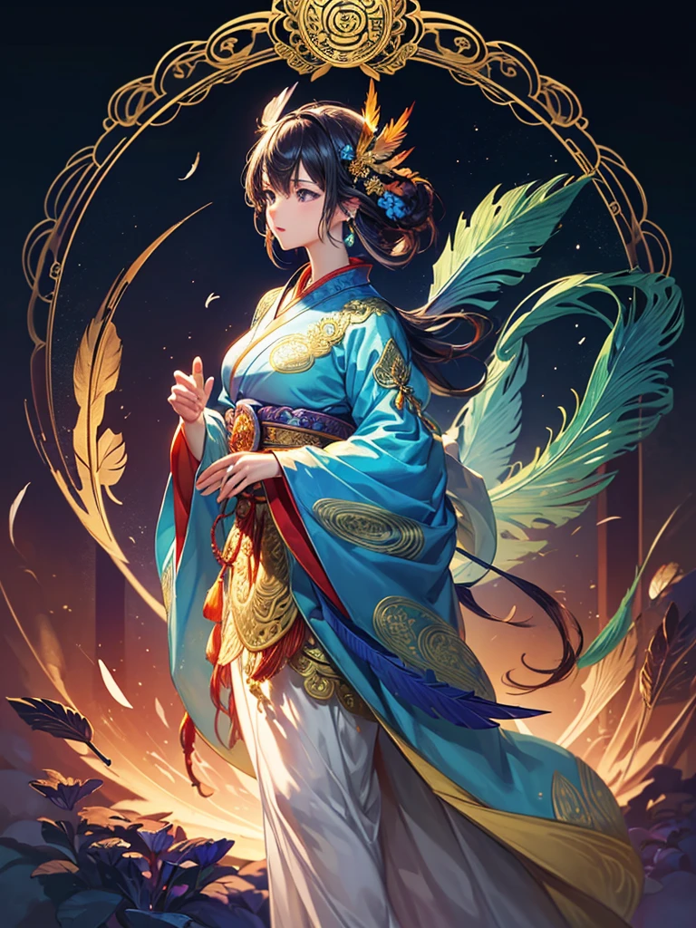 (masterpiece, Top quality, best quality, official art, Beautiful and beautiful: 1.2), (1 girl: 1.3), blue and gold, Very detailed, (fractal art: 1.1), (rich and colorful: 1.1) (flower: 1.3), Extreme details, (Zentangle: 1.4), Long dress sleeves, (abstract background: 1.3), (shiny skin), (Many colors: 1.4), (earrings), (feather: 1.5), (Wind:1.3), emerald, long hair, wrapped in light, Super detailed background, Phoenix礼服, Phoenix, 藍色的flower, Vivid eyes
