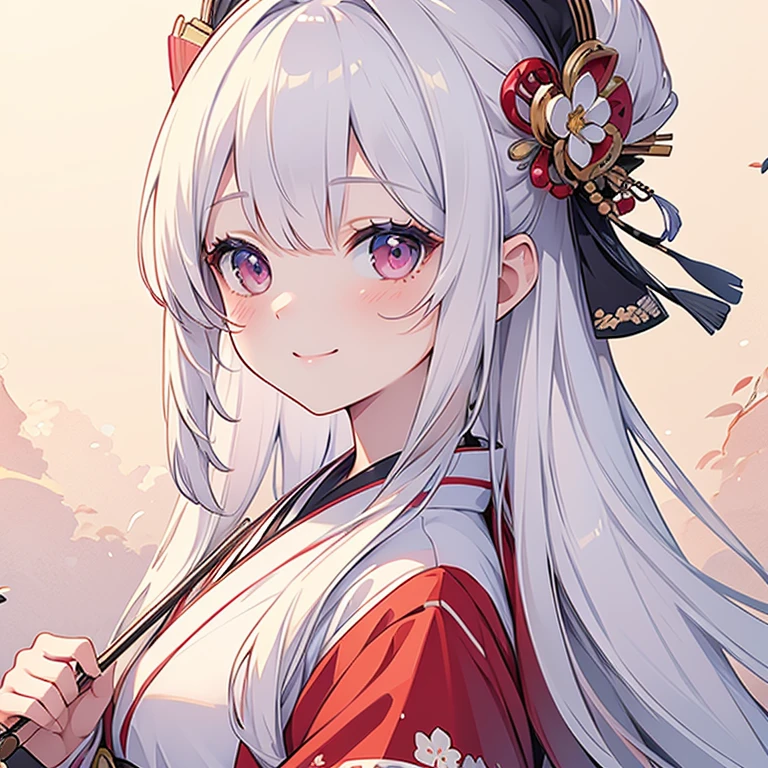 masterpiece, best quality, ultra-detailed, illustration, cute, Girl, Solo, face focus, White hair, long hair, blouse, smile, wearing japanese kimono