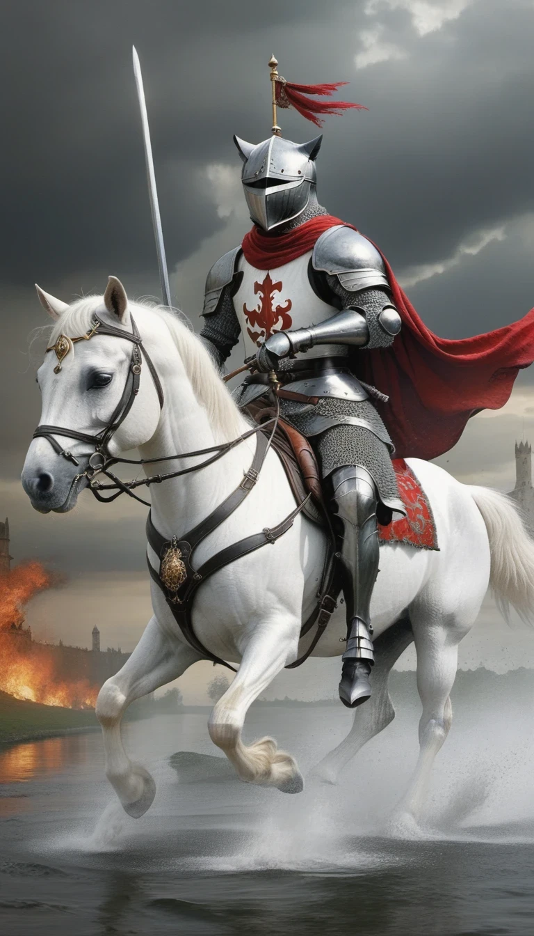 （role conception），Cat Knight，（Anthropomorphic black cat knight riding a white horse fighting the enemy），background：Medieval battlefield，River of blood，