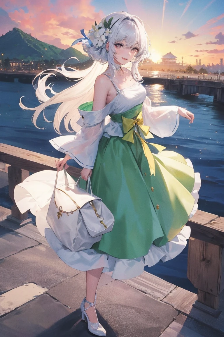 official art, masterpiece, sharp focus, (Beautiful, gorgeous and cute Korean woman:1.3), (Beautiful and cute Koreans:1.3), Korean beauty, exquisite beautiful hair、eyes and face, actual, super detailed, beautiful girl, blue sky, 发光white色颗粒, (Side light:1.2), Sunlight, white云, Detailed cloud, thin and long, Cute big  and big ass, smile with teeth, ((smile with eyes, open your eyes)), landscape, long, straight hair, sexy facial expression, architecture, (城市landscape:1.7), dynamic hair, very long, straight hair, 精致的white金银发, glowing green eyes, pink skirt, white, 皮膚蒼white, hair accessories, epic landscape,High heel