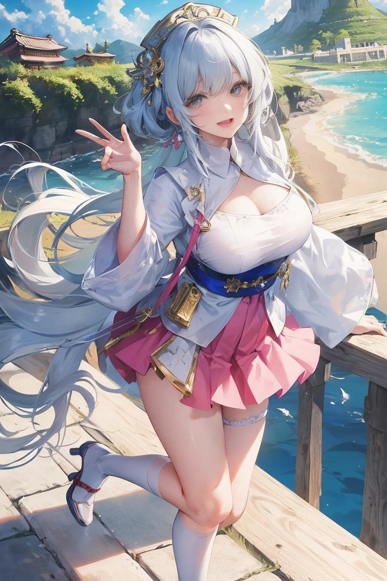 official art, masterpiece, sharp focus, (beautiful gorgeous cute Korean woman:1.3), (beautiful cute korean:1.3), korean beauty, Delicate and beautiful hair and eyes and face, realistic, ultra detailed, beautiful girl, blue sky, glow white particle, (sidelighting:1.2), sun light, white cloud, detailed clouds, slender, Lovely very large breasts and very large hips, smile with teeth, ((smile with eyes, open both eyes)), scenery, long straight hair, sexy facial expression, building, (cityscape:1.7), dynamic hair, long straight hair, detailed platinum pink hair, glow blue eyes, (blue pleated shirts + white skirt), white long socks, pale skin, hair ornament, epic scenery,