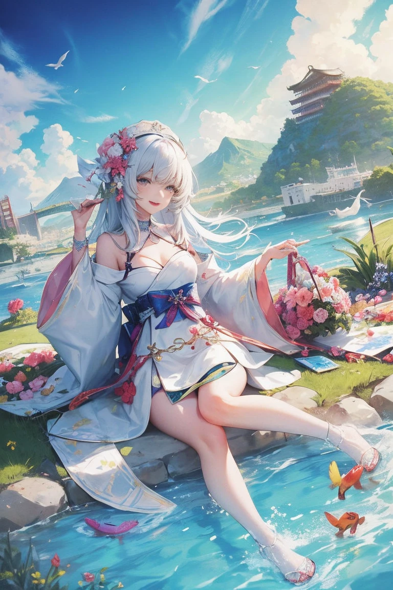 top quality,best resolution,(Soaked的白色长旗袍),super detailed, White double ponytail hair,20 years old young girl,Gorgeous的雕纹,Design intricate clothes,blue eyes,she has earrings, wealth,Gorgeous, imagine,Elegant and charming,Slightly curvy figure,((White transparent white garter stockings)),((Soaked,Adjacent to ancient Chinese hot springs,Foggy weather,Fantasy magic)),night,Glamorous pose,Repair legs