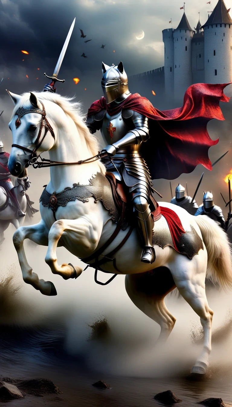 （role conception），Cat Knight，（The black cat knight is riding a white horse and fighting the enemy），background：Medieval battlefield，River of blood，