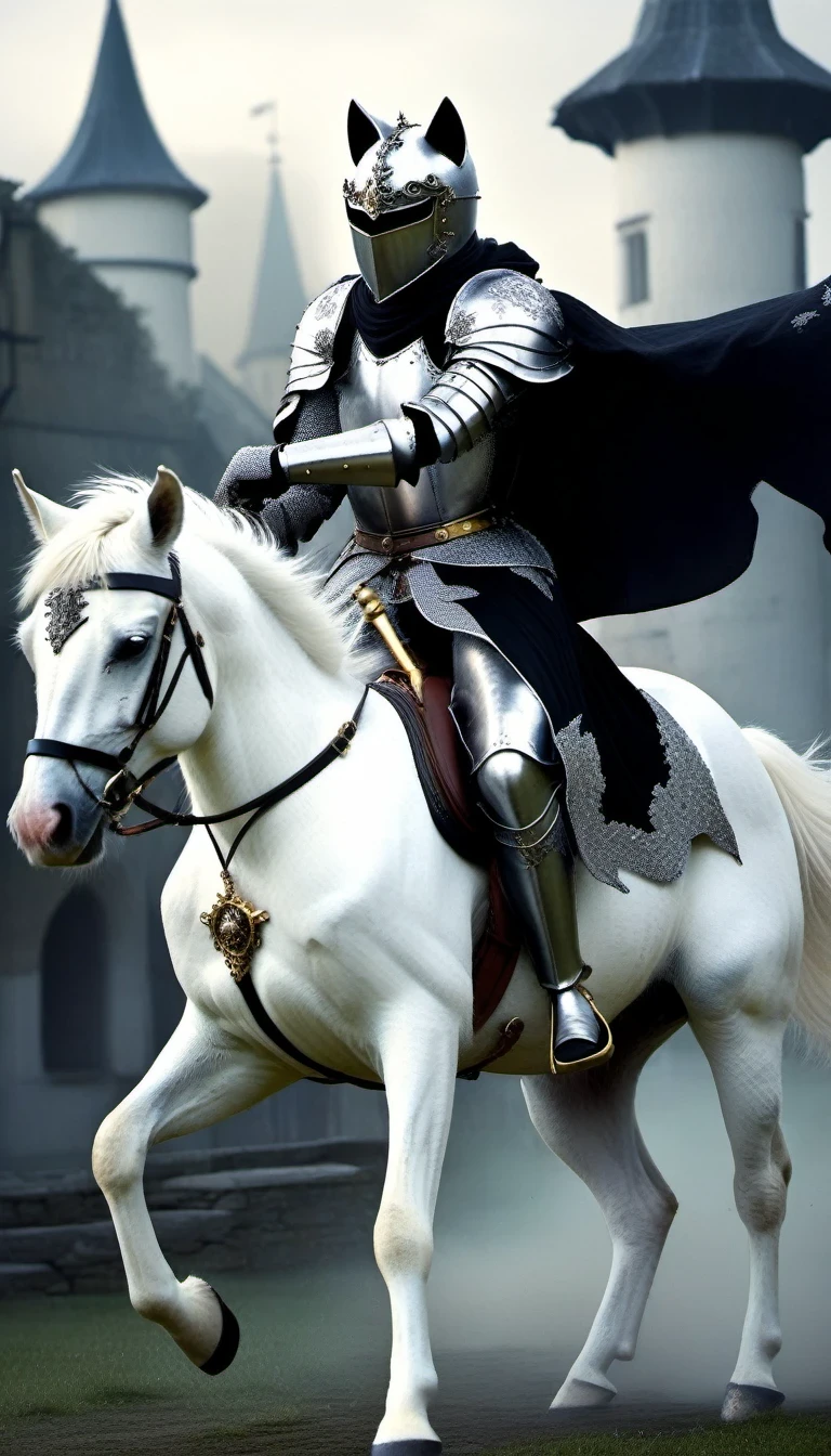 （role conception），Cat Knight，（Anthropomorphic black cat knight riding a white horse in battle），