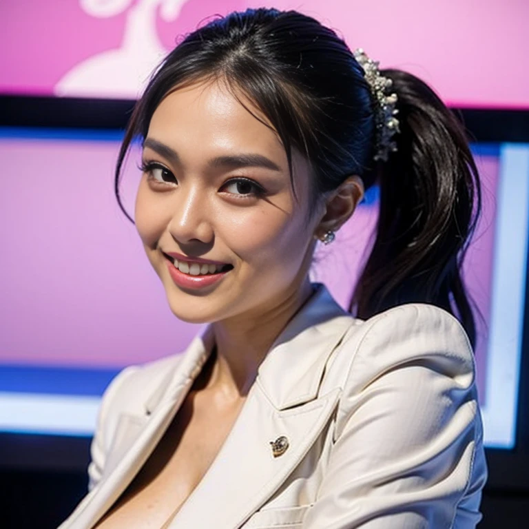 news program,news caster,(studio),(huge breasts:1.4) ,(thai woman:1.4),(highponytail),(forehead),(Announcer),(tight suit),thin waist,(smile:1.3),small mole under the eye,cowboy shot:1.3,(dress shirt),
