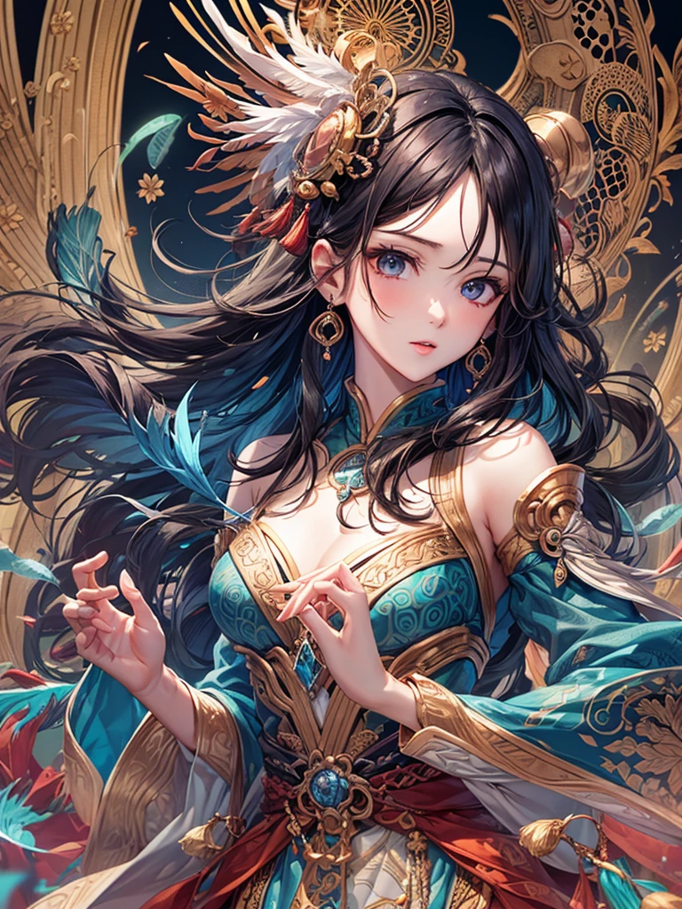 (masterpiece, Top quality, best quality, official art, Beautiful and beautiful: 1.2), (1 girl: 1.3), blue and gold, Very detailed, (fractal art: 1.1), (rich and colorful: 1.1) (flower: 1.3), Extreme details, (Zentangle: 1.4), Long dress sleeves, (abstract background: 1.3), (shiny skin), (Many colors: 1.4), (earrings), (feather: 1.5), (Wind:1.3), emerald, long hair, wrapped in light, Super detailed background, Phoenix礼服, Phoenix, 藍色的flower, Vivid eyes