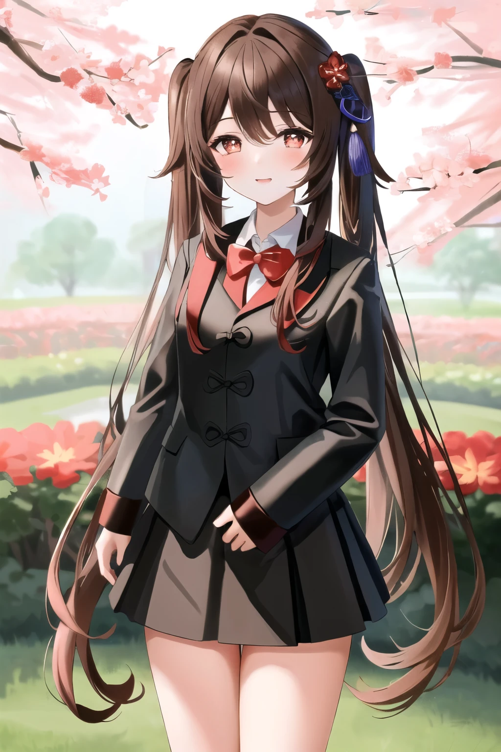 masterpiece, best quality,
1girl, hu tao (genshin impact), Standing, blush,flower garden background,slight smile,twintails, brown hair, solo, symbol-shaped pupils, long hair,bangs, black shorts , Long black shirt, short red skirt,Red bow tie