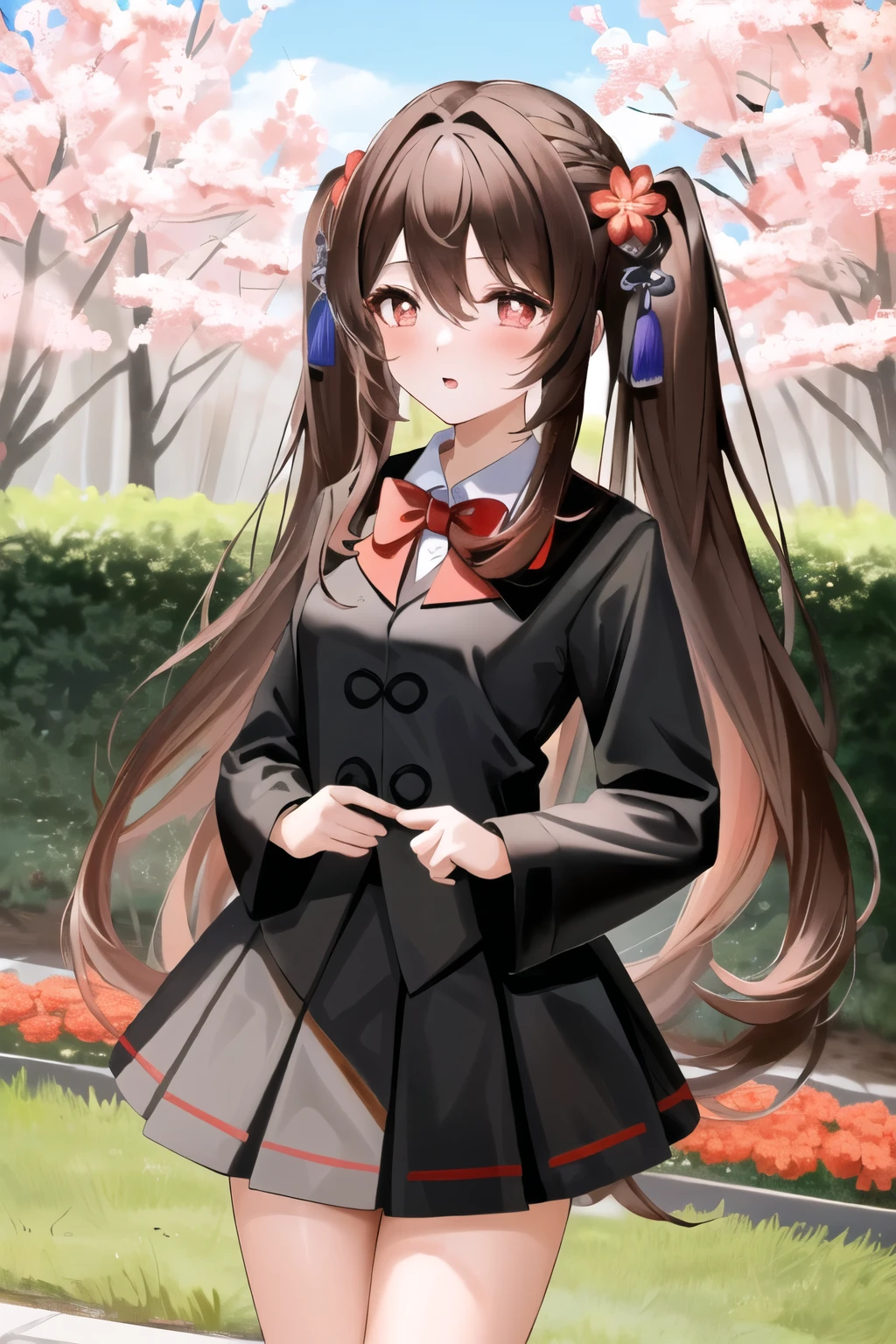 masterpiece, best quality,
1girl, hu tao (genshin impact), Standing, blush,flower garden background,twintails, brown hair, solo, symbol-shaped pupils, long hair,bangs, black shorts , Long black shirt, short red skirt,Red bow tie