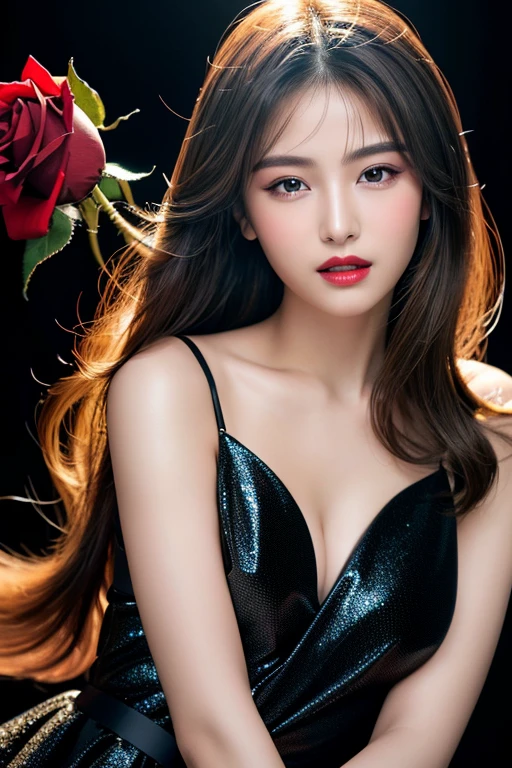 (highest quality、8K、best image quality、Award-winning work)、(one young girl, :1.3)、(red eyeshadow:1.2)、perfect makeup、long eyelashes、Super high-definition sparkling eyes、ultra high definition hair、ultra high resolution glossy lips、Super high resolution perfect teeth、Super high resolution cute face、brown hair、(very long straight hair:1.1)、look at me and smile、[clavicle]、accurate anatomy、(black background:1.5)、(((professional lighting:1.5)))、Super high-resolution glossy and moisturized face、Super high resolution glowing skin、most detailed face、Ultra high resolution detailed faces、ultra high resolution hair、Super high resolution sparkling eyes、Beautiful face drawn in every detail、Super high resolution glossy red lips、(((1. I have a red rose.5)))、(((full nude 1.5)))、(((Chest photo 1.4)))、hair blowing in the wind、elegant dress、Stylish necklace 1,1