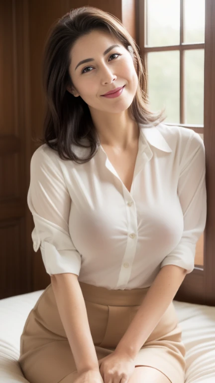 ((photograph))、((real photo)), (masterpiece, highest quality),hot ((mature woman)),Sitting on bed in bedroom,wide hips、big breasts,saggy breasts, (slicked back hair), white collared blouse、Only the top button is undone、The chest is hidden、long skirt、 smile, face-to-face audience,  cupboard, stove, window, Japanese、((plump 1.8))、(((plump mature woman1.4)))、((big breasts1.8))、bbw,　eyes half closed、　Put your hands together and place them between your thighs、gentle smile、Brown hair semi-long hair、



