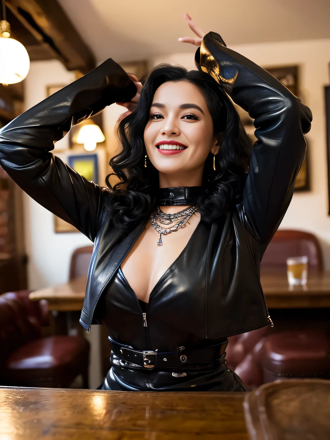 Wearing black leather gloves in both hands Upper body Black leather riders jacket Black leather skinny pants Black leather long boots Necklace on the chest Smiling at the desk of an english pub, long curly black hair Young Bettie Page (black leather gloves cover both hands) With the fingers of black leather gloves, standing in the middle of the room, drinking a pint of beer, staring at the screen,photo captured in stunning Ultra HD, 8k resolution, Nikon D850, — style raw — c 10 — ar 2:3 — s 250V