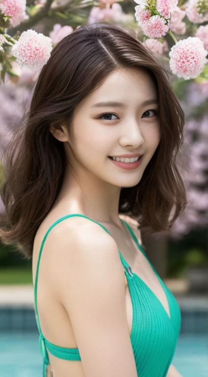 Cherry tree、swimsuit、open chest、I&#39;m not wearing anything inside、whole body、NiziUAYAKA、 ４Ｋ、１people&#39;s women、slender、 Loose wavy styling 、seductive and attractive、Including face and skin texture.，detailed eyes、A soothing expression with a smile