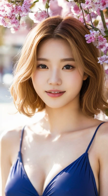 Cherry tree、swimsuit、open chest、I&#39;m not wearing anything inside、whole body、NiziUAYAKA、 ４Ｋ、１people&#39;s women、slender、 Loose wavy styling 、seductive and attractive、Including face and skin texture.，detailed eyes、A soothing expression with a smile