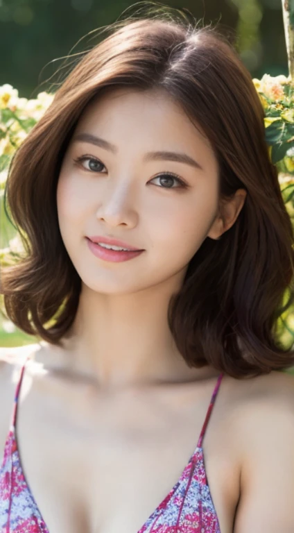 Cherry tree、swimsuit、open chest、I'm not wearing anything inside、whole body、NiziUAYAKA、 4K、1people's women、slender、 Loose wavy styling 、seductive and attractive、Including face and skin texture.,detailed eyes、A soothing expression with a smile