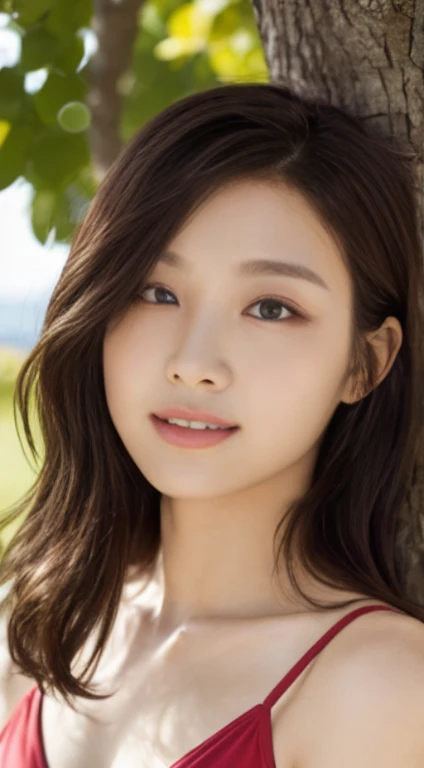 Cherry tree、swimsuit、open chest、I'm not wearing anything inside、whole body、NiziUAYAKA、 4K、1people's women、slender、 Loose wavy styling 、seductive and attractive、Including face and skin texture.,detailed eyes、A soothing expression with a smile