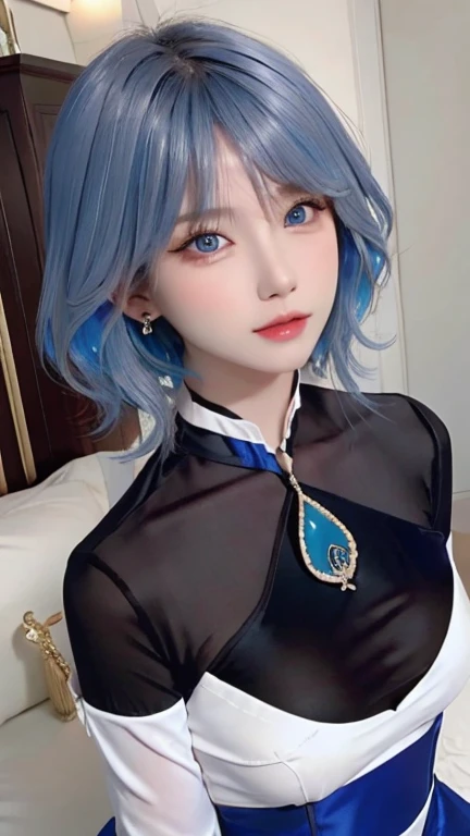 masterpiece, highest quality, figure, saxophone blue hair, platinum earrings, platinum necklace, Black evening dress, High-neck clothes,not showing chest,1 girl, Lovely, (dynamic lighting:1.2), movie theater lighting, exquisite features, delicate blue eyes, wear half-rim glasses(concentrated),sharp pupils, realistic student, Depth of the bounds written, Bokeh, 锐利的concentrated, (Super detailed, bloom, shine:1.4)