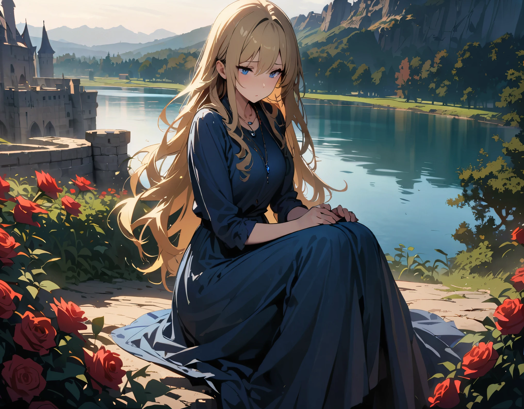 ((top quality，high quality，masterpiece，Masterpiece，8k))，a woman，blue skirt，long skirt，curls，long hair，blonde，Wearing a blue gemstone necklace，The expression is sad，sitting，look at the audience，outdoor，lake，castle，Red rose，daytime，early morning，Sunlight，blue sky，whole body