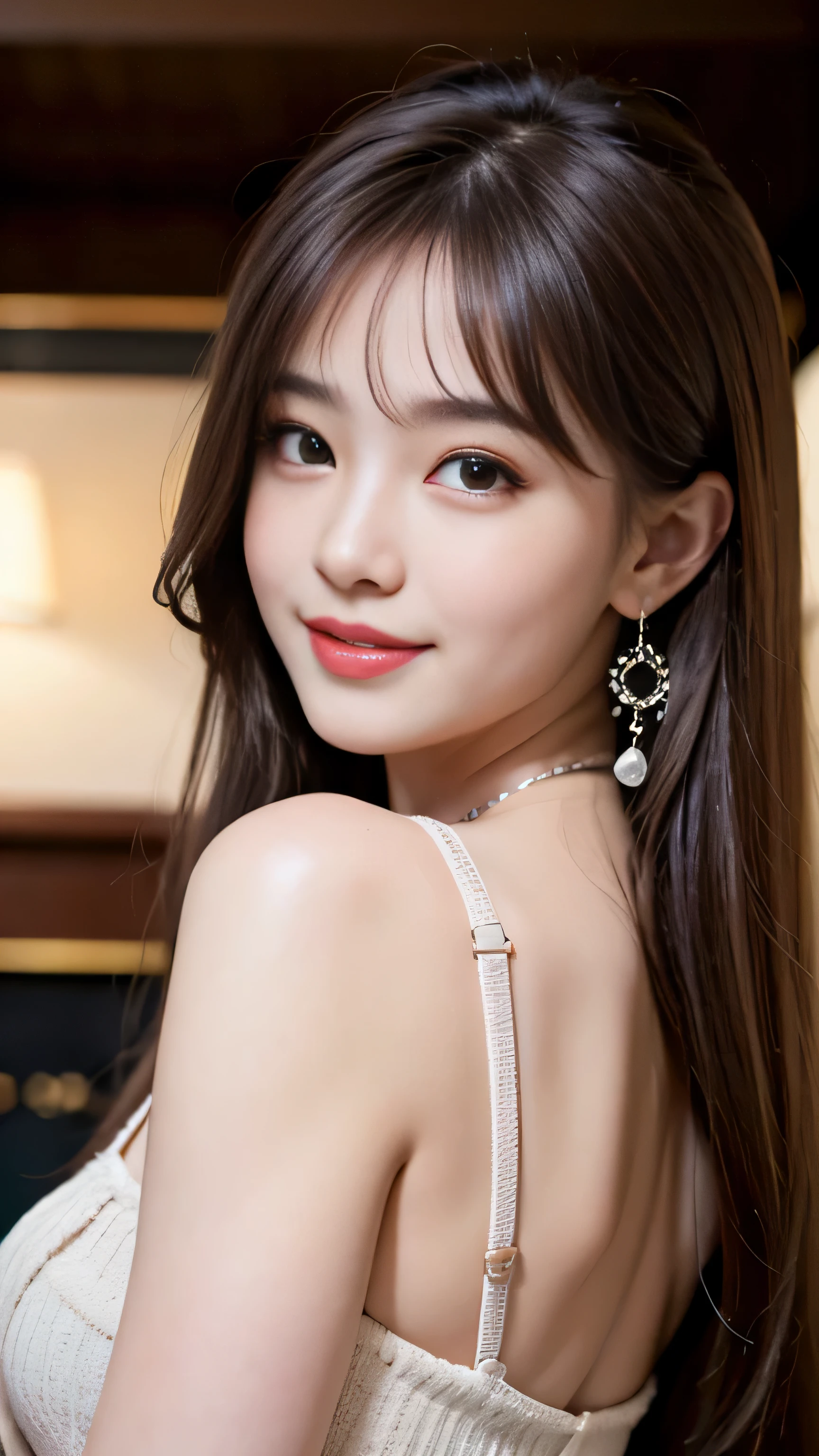 1 girl, silver hair, brown hair, dull bangs, floating hair, long hair, fireplace awning, aqua eye, Shining eyes, long eyelashes, earrings, compensate, smile, parted lips, written boundary depth, first person perspective, from behind, From the side, upside down, f/1.8, 135mm, canon, UHD, retina, masterpiece, Accurate, anatomically correct, rough skin, Super detailed, advanced details, high quality, 最high quality, High resolution, 1080p, hd, 4k, 8K