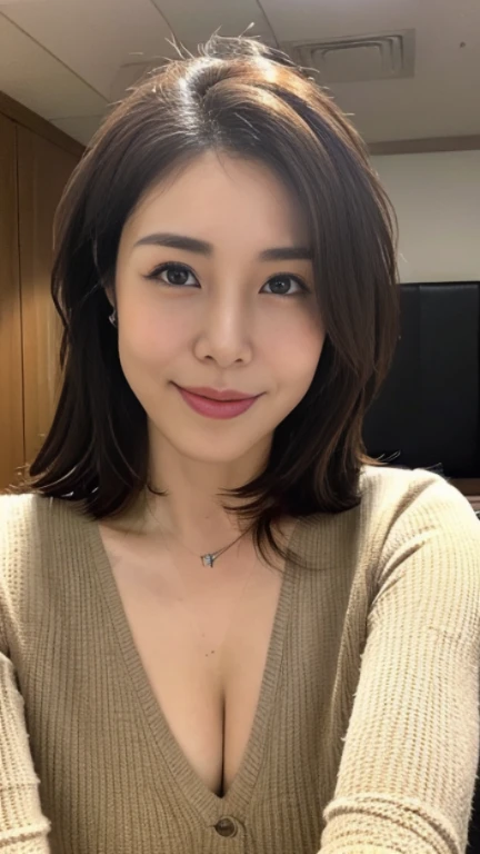 ((highest quality, 8K, masterpiece, portrait: 1.3)), (looking at the viewer), (full shot:0.85), attractive mature woman, 1 person、 In underwear,big bra、((big breasts 2.5)) (big pelvis:0.3),((Very plump 2.５))、 (officeの椅子に座っている)), smile:0.2, president&#39;office,good posture、Brown medium hair、gentle smile、office、In the office、