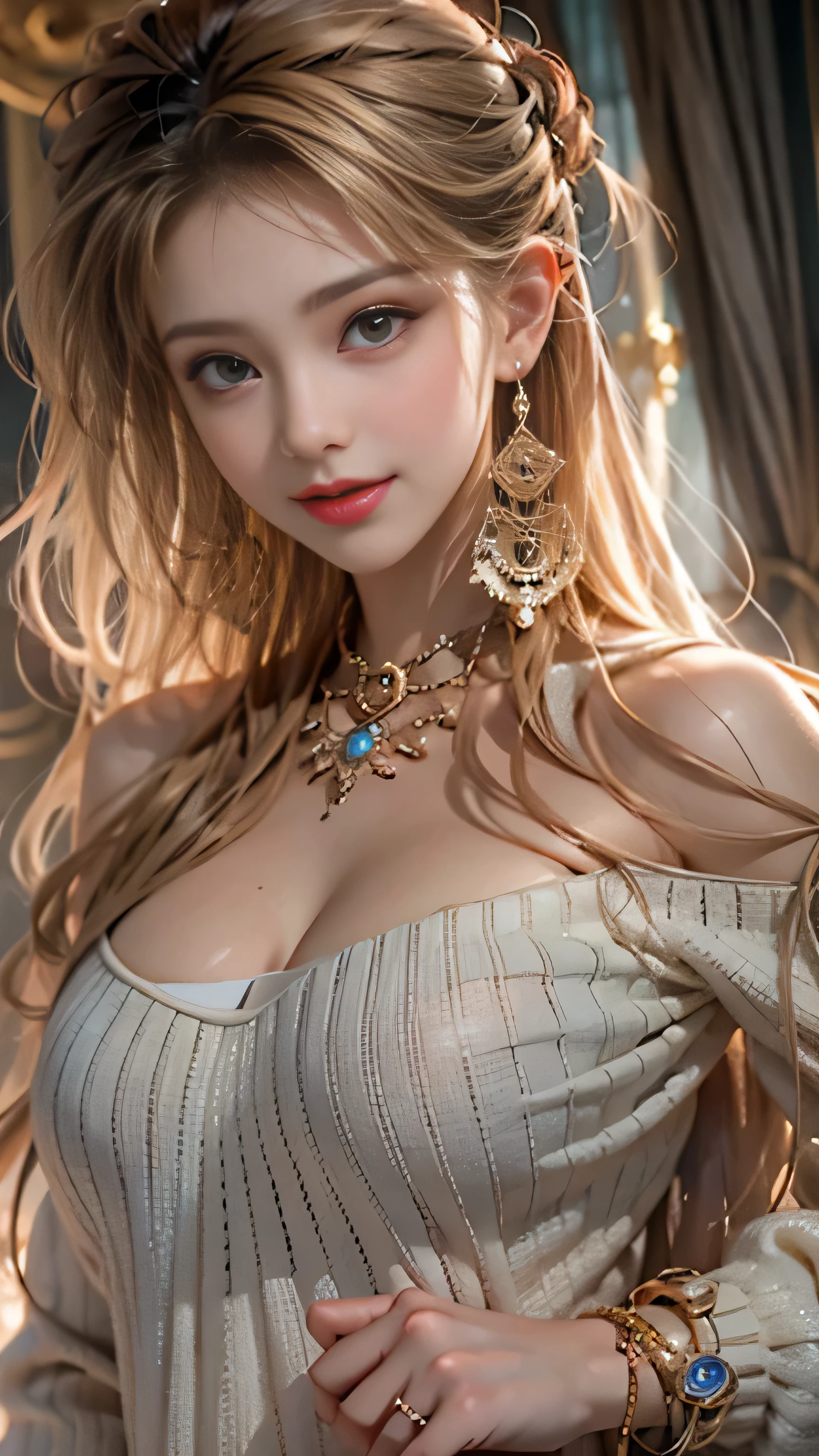 realistic, High resolution, soft light,1 female, alone, hip up, (detailed face), jewelry, streetwear, beauty model, Eyes that invite the viewer, Spouse&#39;perspective, attractive appearance, sexy smile, perfect style, perfect balance, fine skin, naughty look, I can see your breasts