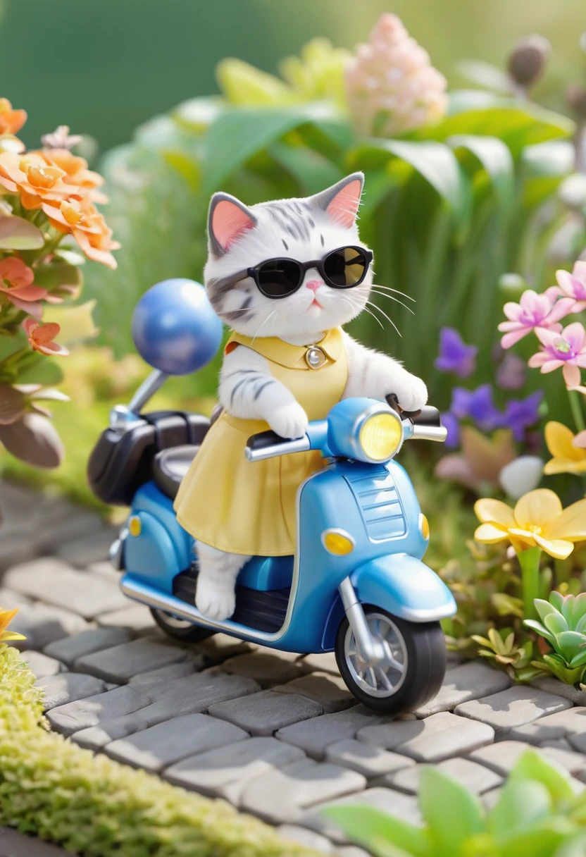 Miniature gashapon cute cat riding a cute light motorcycle. Anthropomorphic cat wearing a dress and sunglasses. Garden background