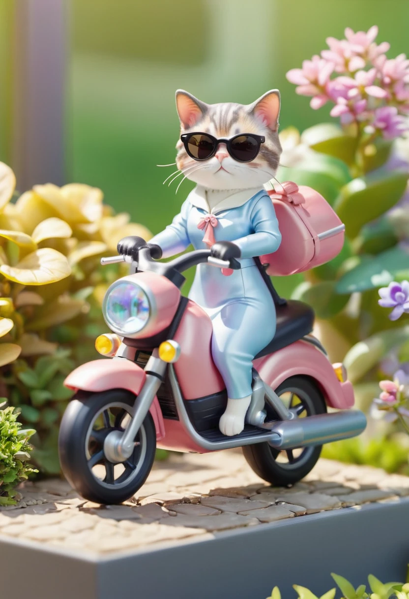 Miniature gashapon cute cat riding a cute light motorcycle. Anthropomorphic cat wearing a dress and sunglasses. Garden background