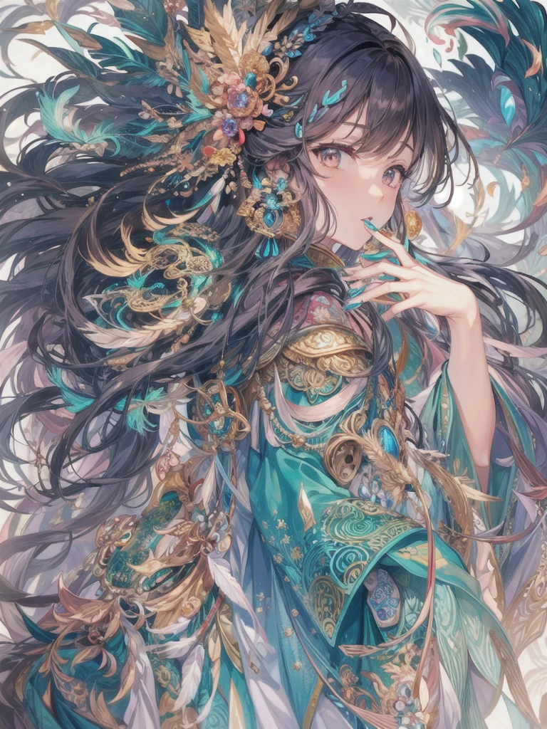 (masterpiece, Top quality, best quality, official art, Beautiful and beautiful: 1.2), (1 girl: 1.3), blue and gold, Very detailed, (fractal art: 1.1), (rich and colorful: 1.1) (flower: 1.3), Extreme details, (Zentangle: 1.4), Long dress sleeves, (abstract background: 1.3), (shiny skin), (Many colors: 1.4), (earrings), (feather: 1.5), (Wind:1.3), emerald, long hair, wrapped in light, Super detailed background, Phoenix礼服, Phoenix, 藍色的flower, Vivid eyes