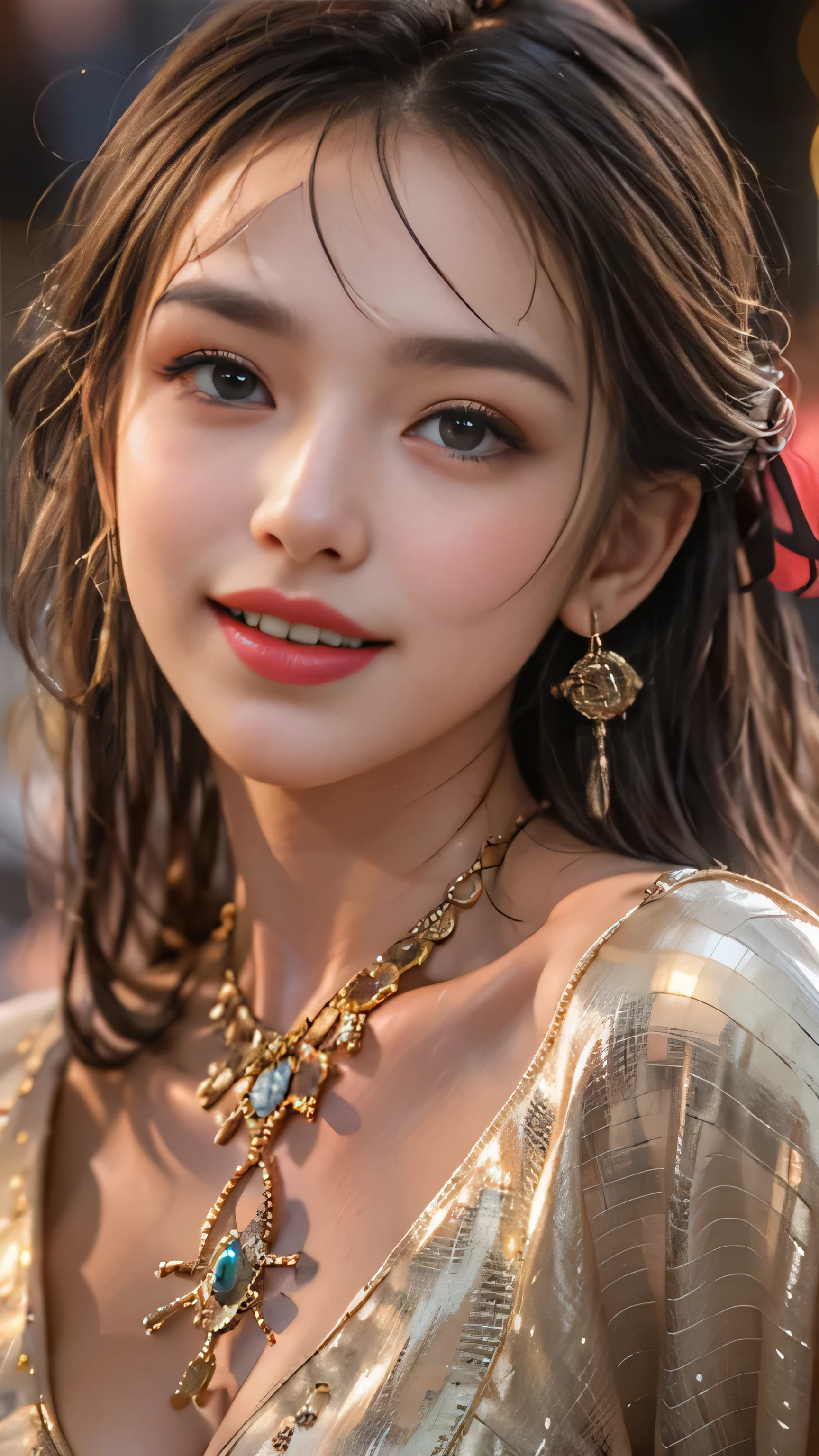 realistic, High resolution, soft light,1 female, alone, hip up, (detailed face), jewelry, streetwear, beauty model, Eyes that invite the viewer, Spouse'perspective, attractive appearance, sexy smile, perfect style, perfect balance, fine skin, naughty look, I can see your breasts