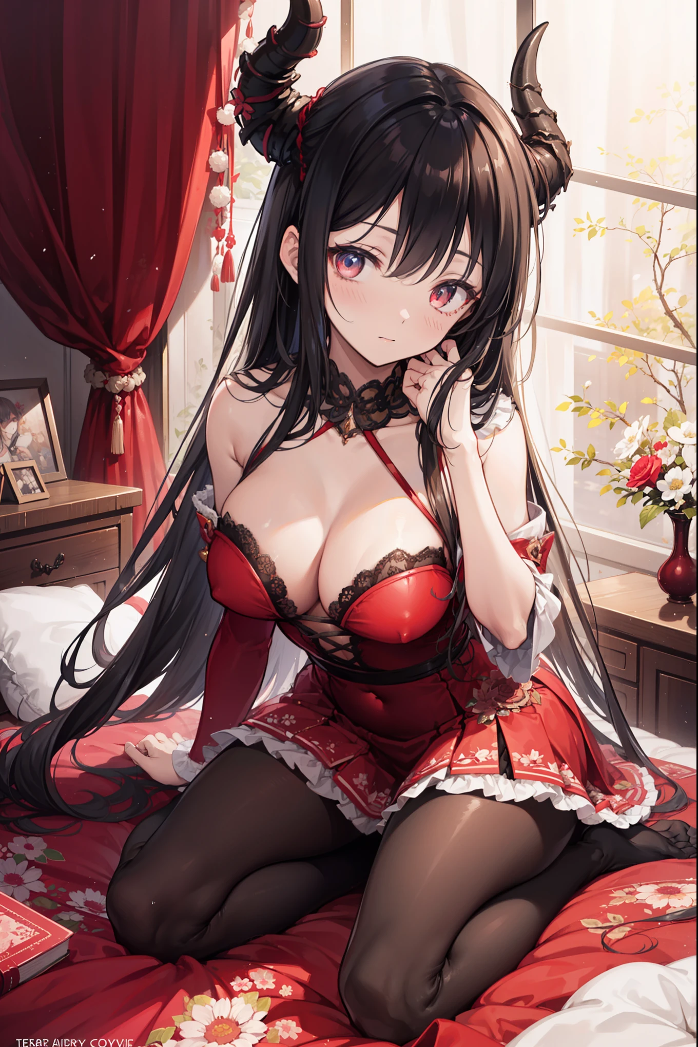 (Extremely detailed CG Unity),Detailed clothes, masterpiece, extremely delicate and beautiful, Exquisite 3/4 Body photos, girl, sitting position,  Obsessed，Curvy curly hair, Beautiful and delicate eyes，red eyes, lace up pantyhose，Floral fragrance，succubus horn