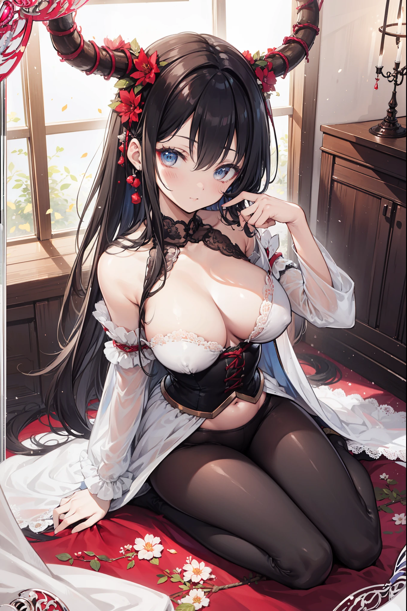 (Extremely detailed CG Unity),Detailed clothes, masterpiece, extremely delicate and beautiful, Exquisite 3/4 Body photos, girl, sitting position, Obsessed,Curvy curly hair, Beautiful and delicate eyes,red eyes, lace up pantyhose,Floral fragrance,succubus horn