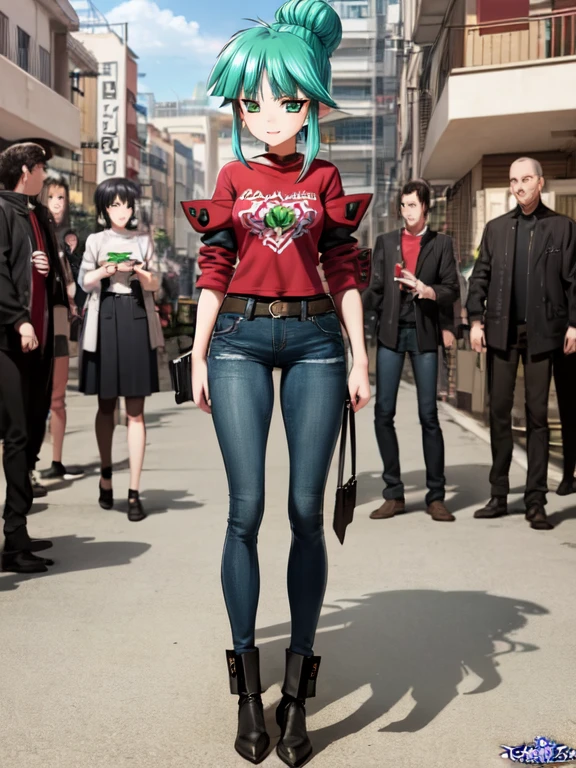 nsfw , Tsukuyomi Mana , (((highres official art))) , (((1girl))) , (((solo))) , green hair , green eyes , blush , shy , sidelocks , single hair bun , t-shirt , jeans , light smile , parted lips , standing