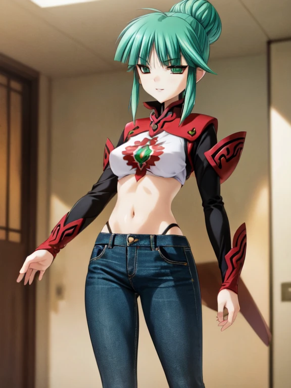 nsfw , Tsukuyomi Mana , (((highres official art))) , (((1girl))) , (((solo))) , (((topless))) , green hair , green eyes , blush , shy , sidelocks , single hair bun , jeans , light smile , parted lips , standing