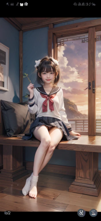 A young girl in a short skirt,sitting on bed,,Showing ????????,shy,beauty,Lots of detail