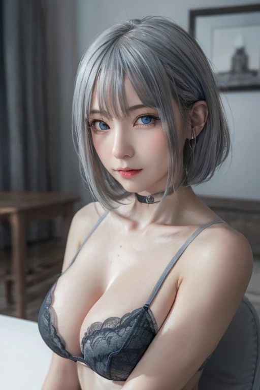 ((high quality)),table top,(Detailed depiction of local details:1.2),1 girl,blue eyes,big and full breasts、cleavage、,closed mouth,eyelash,looking at the viewer,portrait,alone,Upper body,gray hair,black theme,short hair,silver hair,Yoruhano. 2 Type B,NSFW,