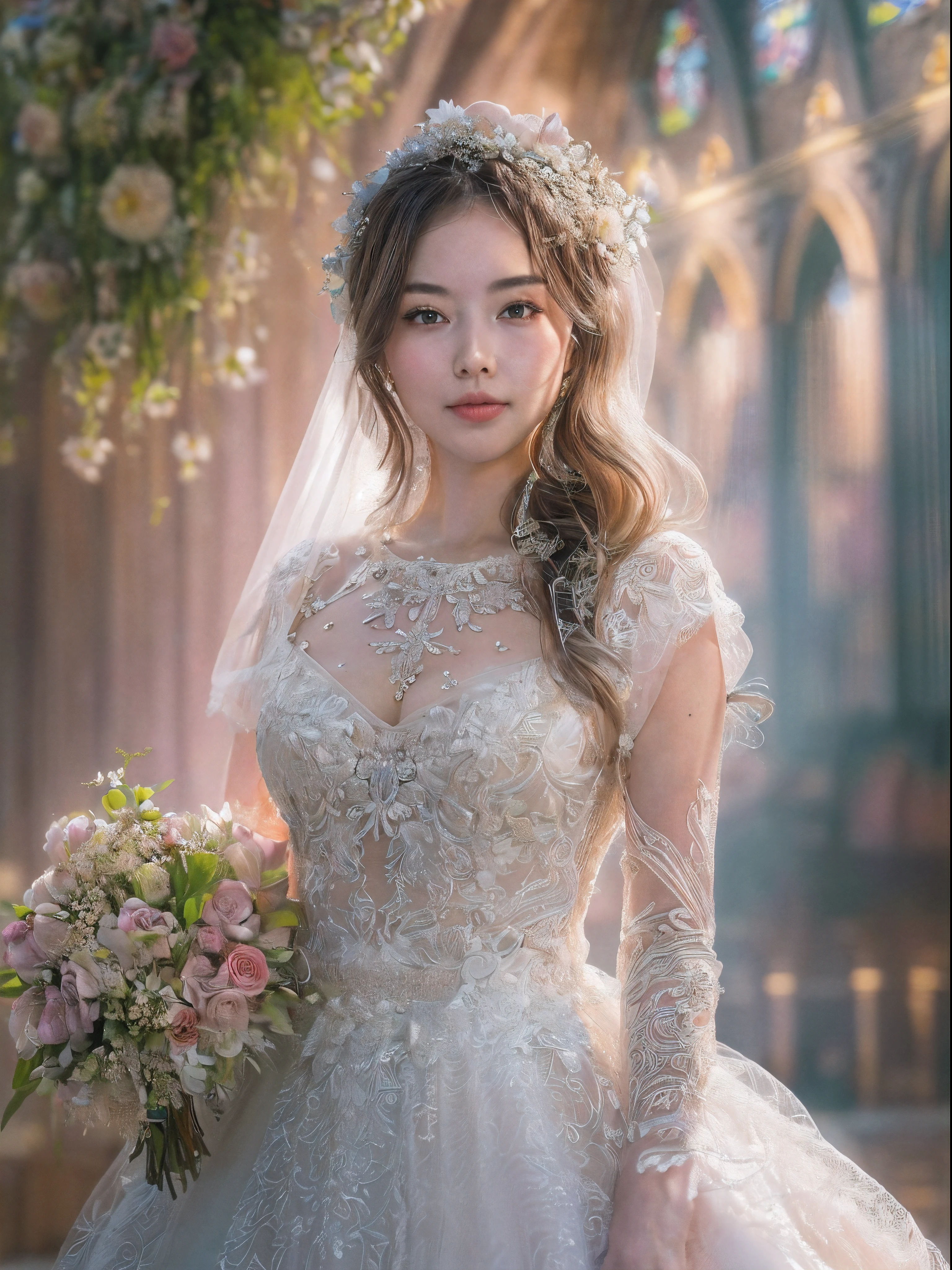 (Best image quality, 4K, high quality, masterpiece:1.2), ((masterpiece)), high detail, high quality, (high dynamic range,16K, Original beautiful girl portrait, Best image quality, masterpiece:1.2), (Ultra clear illustration), extremely beautiful, round face, petite girl, petal, beautiful light,, church, Gorgeous wedding dress, armpit,